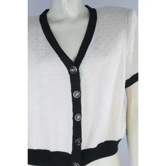 Vintage St. John Collection Knit Cardigan Ivory Black Trim Short Sleeve Size 6 - Picture 2 of 16